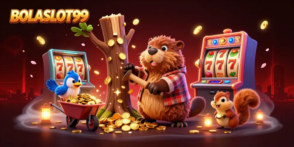 BOLASLOT99 features a lively scene with a beaver collecting coins under a shower of gold, emphasizing exciting slot gameplay.