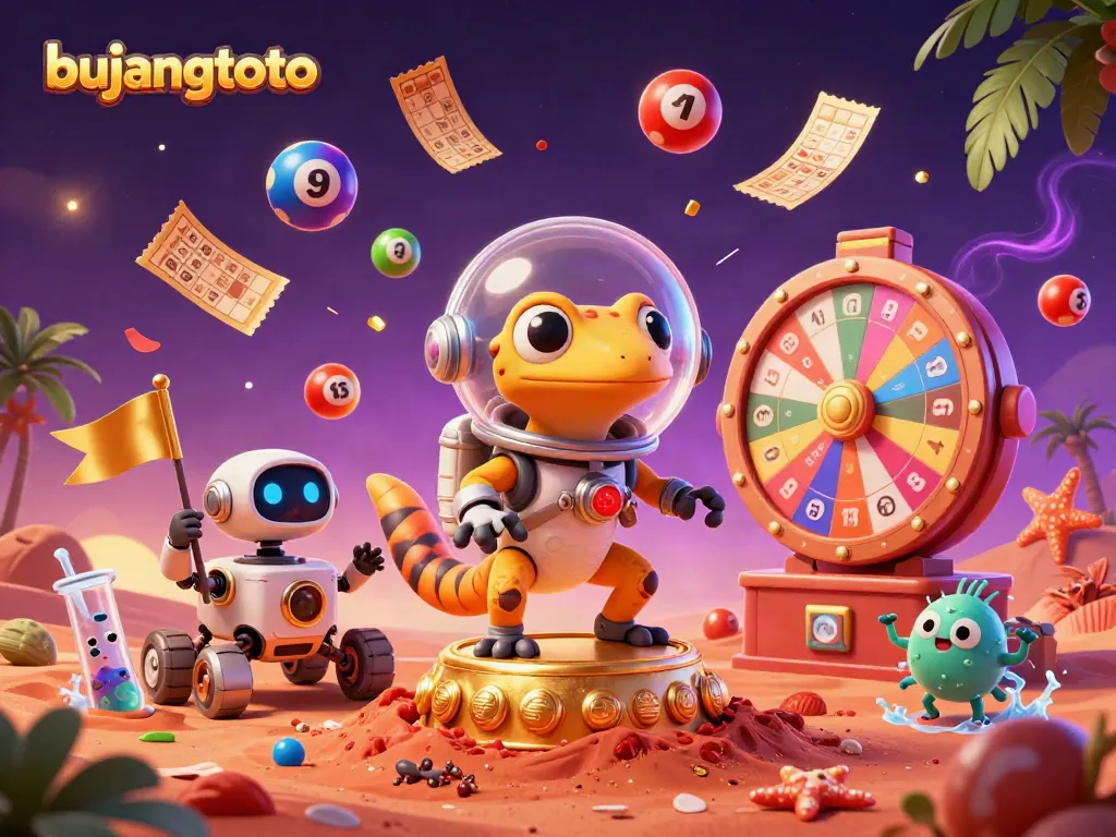 Experience the excitement of bujangtoto with a vibrant 3D illustration of a Martian gecko and lottery elements.