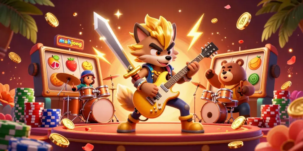 Experience mahjong excitement in a vibrant casino scene with a rock star wolf and drummer bear.
