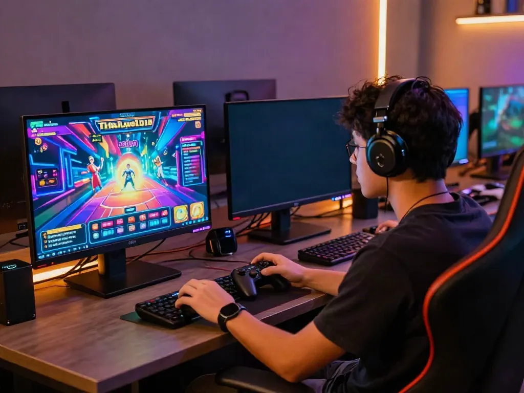 Player engaged in an exciting online slot thailand game with vibrant graphics and modern gaming setup.