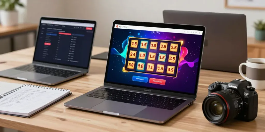 Pengguna RATUTOGEL menikmati permainan togel dan slot online dengan grafik menarik di layar laptop.
