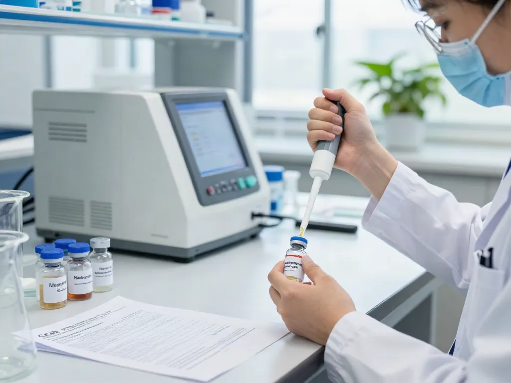 Researcher handling Melanotan 2 for sale in a lab setting, ensuring quality and authenticity.