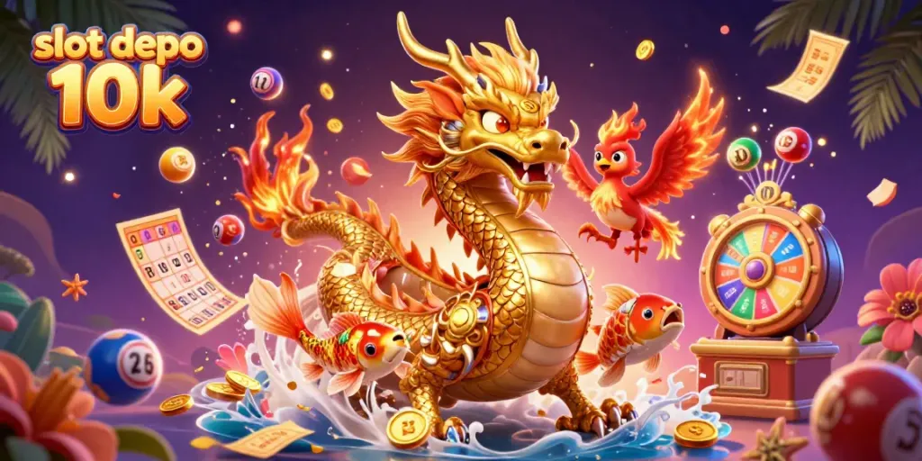 Engage with excitement at slot depo 10k featuring a dragon, phoenix, and koi amidst dynamic lottery elements.
