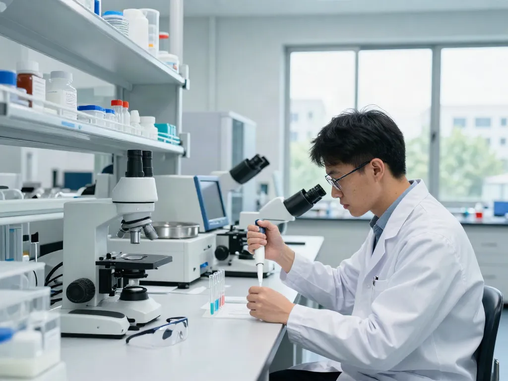 Scientist analyzing ac peptide samples in a high-tech laboratory.