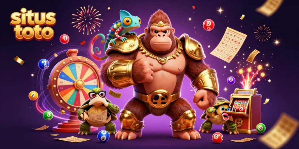 Situs toto themed illustration showcasing a gorilla king, chameleon, and tortoise amidst colorful lottery elements