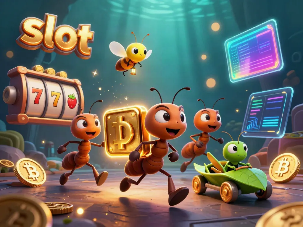 Engage in thrilling slot adventures with cartoon ants on a heist, showcasing golden chips and vibrant casino elements.