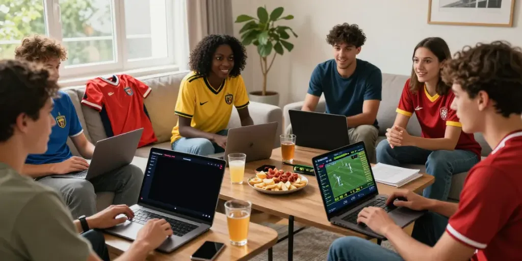 Friends engaging in DewaGG football betting analysis during a game.
