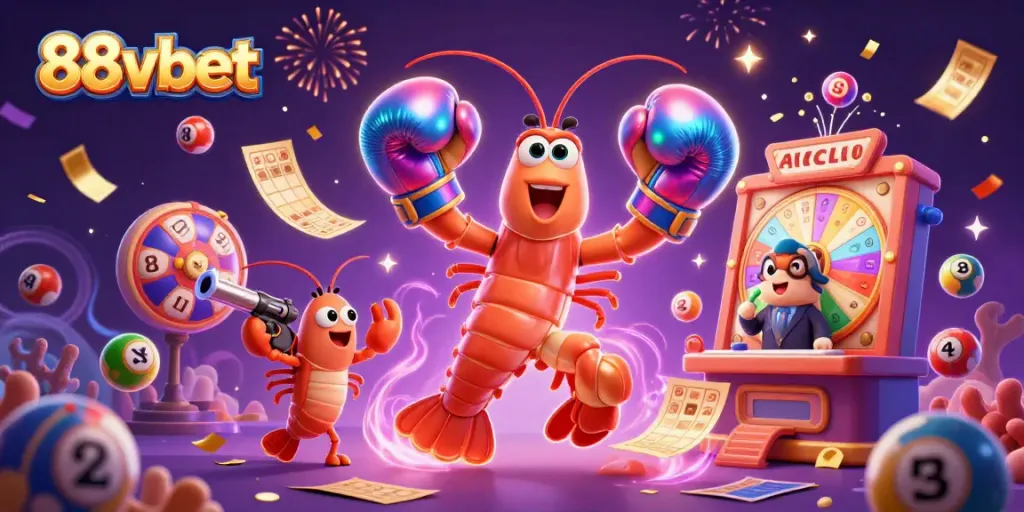 Engage with the lively world of 88vbet, featuring an energetic cartoon mantis shrimp and vibrant casino elements.