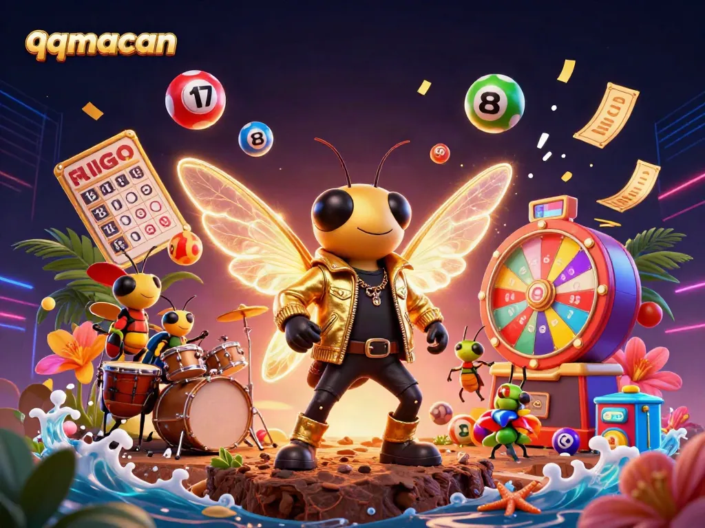 Engage with the vibrant world of qqmacan through a thrilling lottery scene featuring animated lottery balls and a lively rock star.