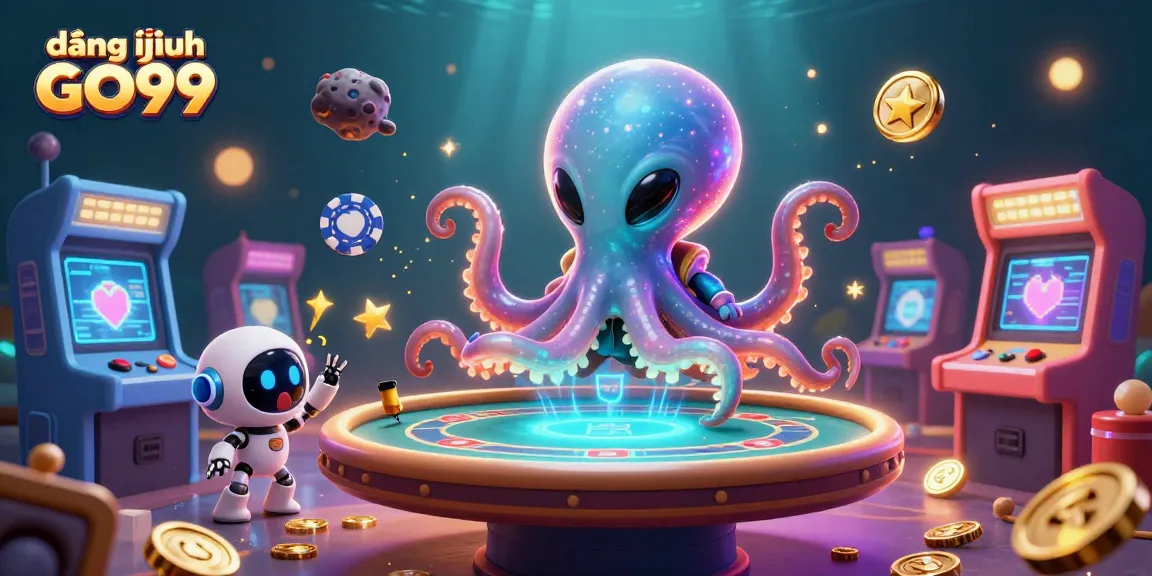 Engage with exciting poker action through đăng nhập GO99, featuring an alien octopus and casino elements.