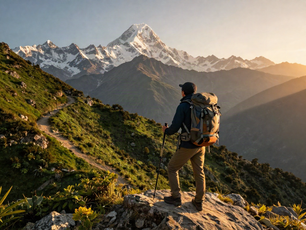 Manaslu Circuit trekking scene with traveler overlooking mountains during sunset.