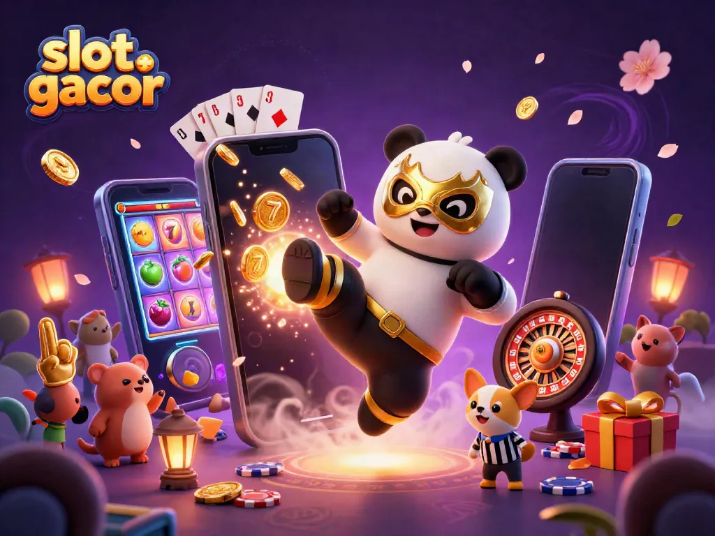 Engaging scene depicting a panda wrestler in action and a chihuahua referee amidst exciting slot gacor elements.