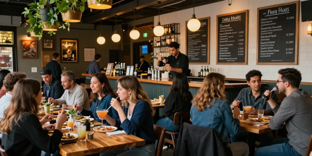 Suasana ramai di The Keg Room NYC, pengunjung menikmati makanan bersama di meja kayu, bartender sedang meracik koktail.