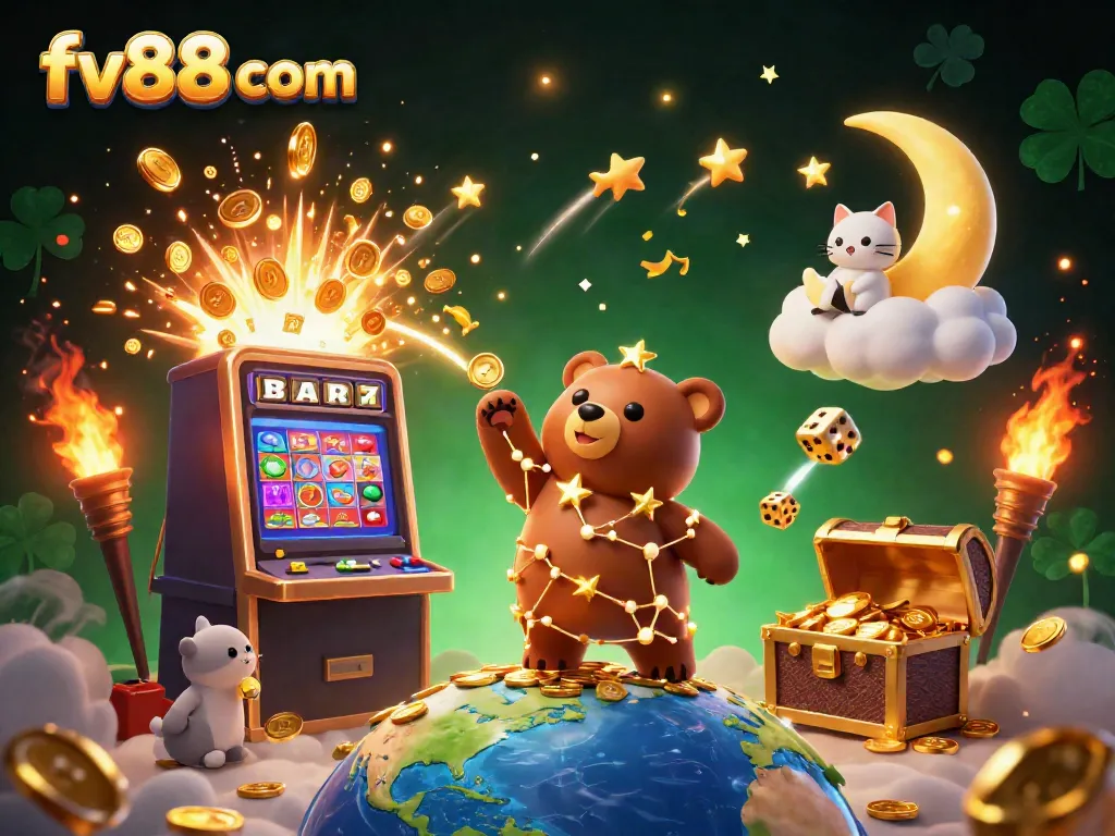 Experience thrilling wins at fv88 com with an exciting 3D casino illustration featuring vibrant slots and unique characters.