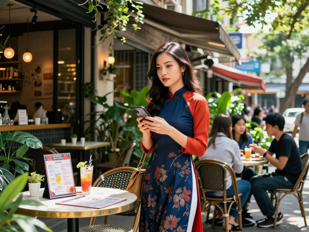 Gái gọi tại quán cà phê hiện đại, thể hiện phong cách đường phố Việt Nam.