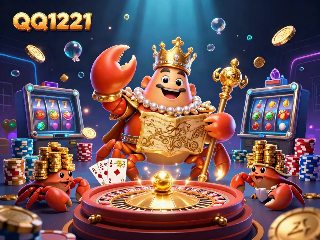 Engage in thrilling gameplay at QQ1221 with a vibrant 3D casino scene showcasing a golden crab emperor and slot machines.