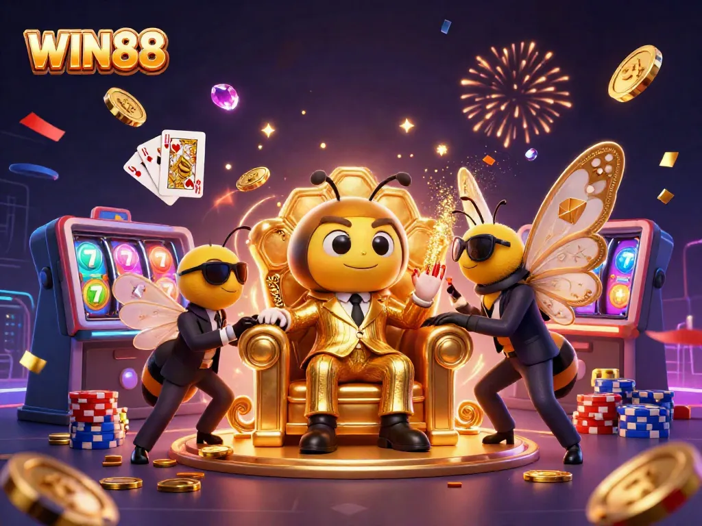 Experience thrilling gameplay with WIN88 in a vibrant 3D casino scene showcasing slots and card games.