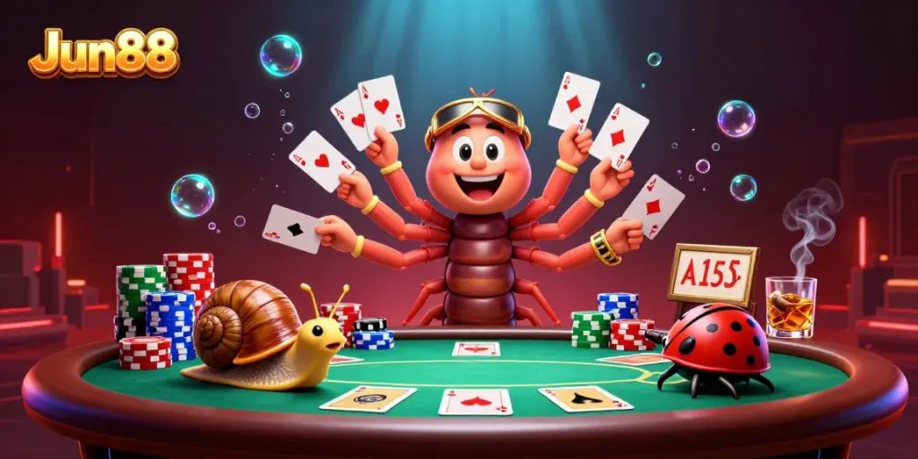 Experience thrilling poker action with Jun88's vibrant 3D casino scene featuring unique characters.