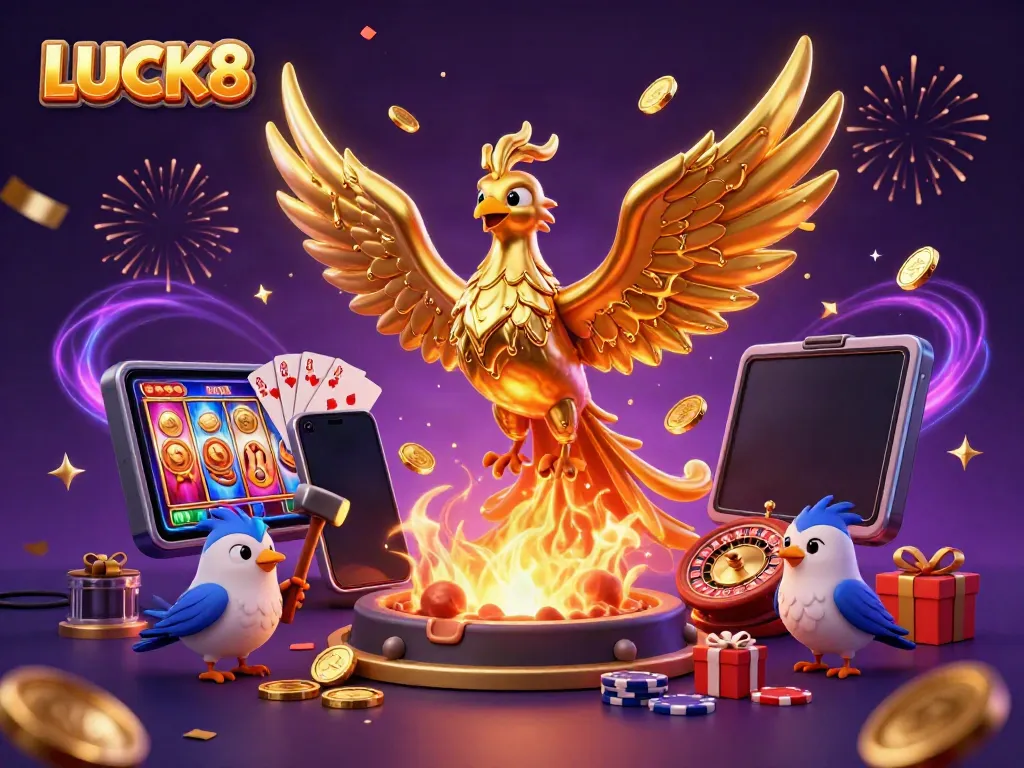 LUCK8 casino illustration with a molten metal phoenix, colorful slot game, and dynamic gaming elements.