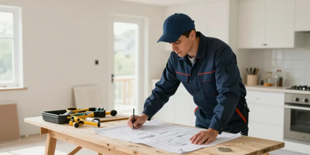 wish4d local services: trusted contractor reviewing blueprints in home renovation.