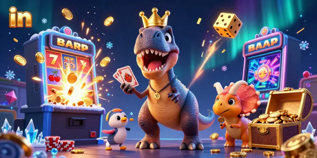 Experience thrilling casino fun in with a T-Rex shuffling cards among vibrant game elements.