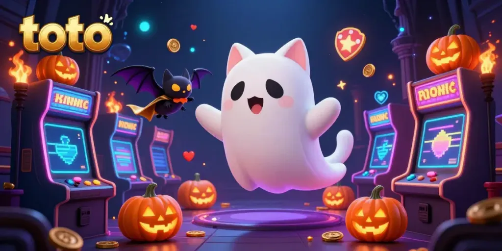 Experience the thrill of toto games with ghost cat and bat companions in a haunted casino.