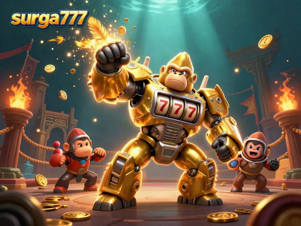 Engage with surga777's thrilling slots in a vibrant 3D scene featuring a golden gorilla mech.