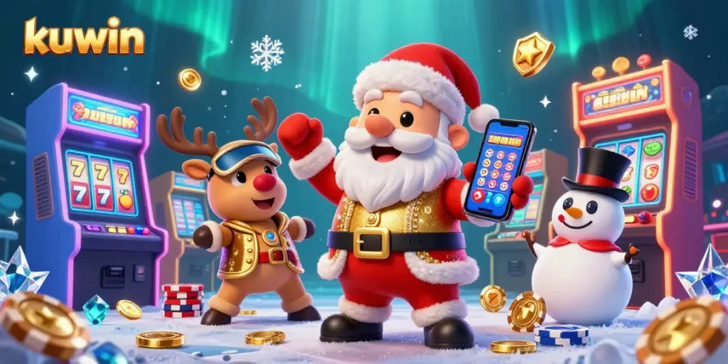 Kuwin offers thrilling jackpot slots with Santa and friends in a vibrant casino scene.