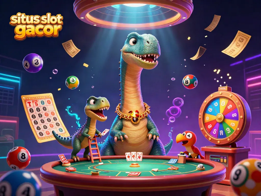 Gambarkan keseruan bermain situs slot gacor dengan brontosaurus raksasa dan raptor yang menyajikan kartu.