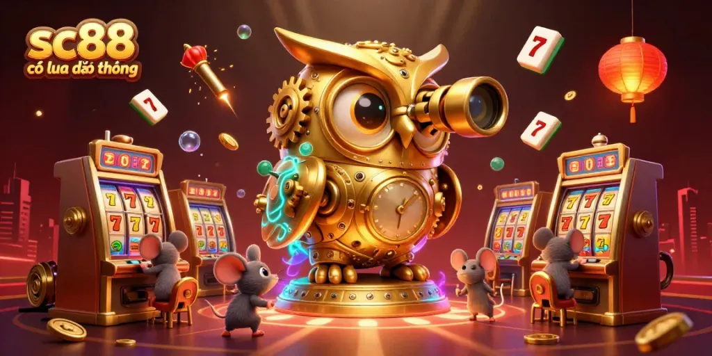 Experience the thrill at SC88 with the captivating themed scene showcasing a golden owl and lucky symbols, revealing if sc88 có lừa đảo không.