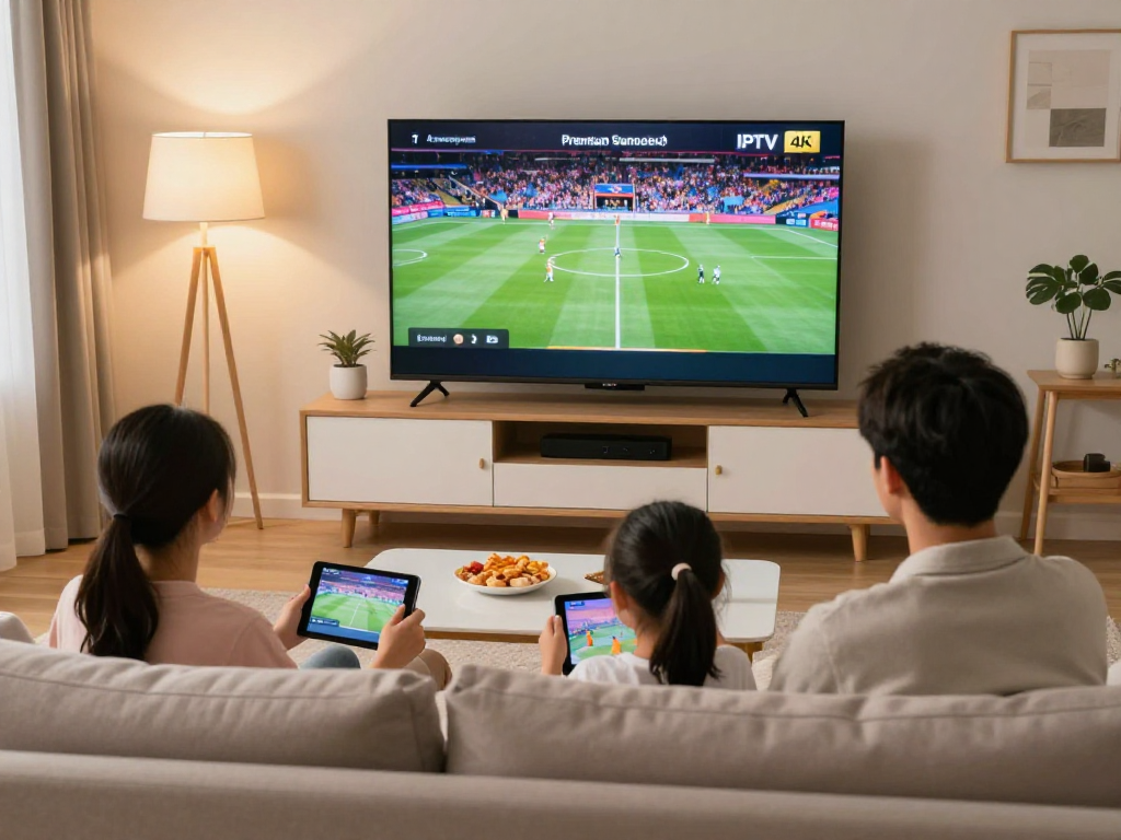 Gezin geniet van hakuna iptv met premium 4K beeldkwaliteit in een gezellige woonkamer