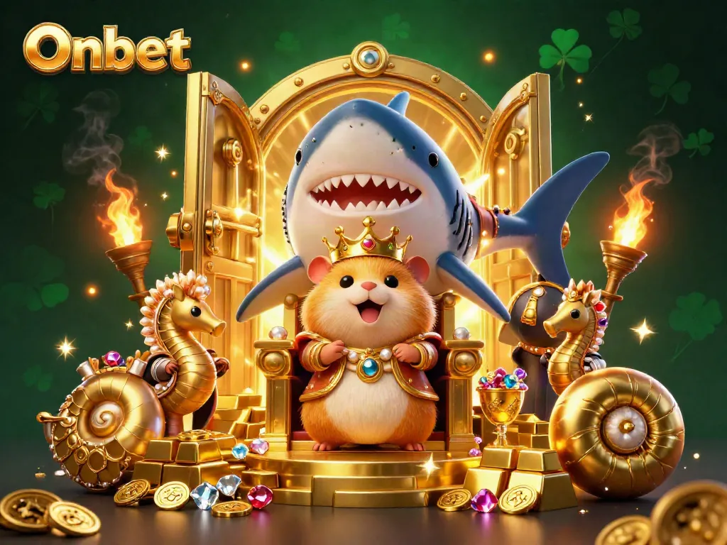 Engage with Onbet's vibrant casino world featuring a golden hamster king on a megalodon throne, surrounded by treasure.