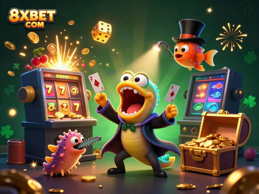 Engaging 3D illustration of the vibrant world of 8XBET COM with casino-themed characters and jackpot excitement.