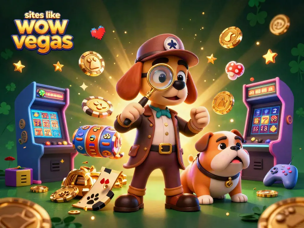 Engage with exciting games at sites like wow vegas, featuring cartoon-style detectives amidst neon arcade elements.