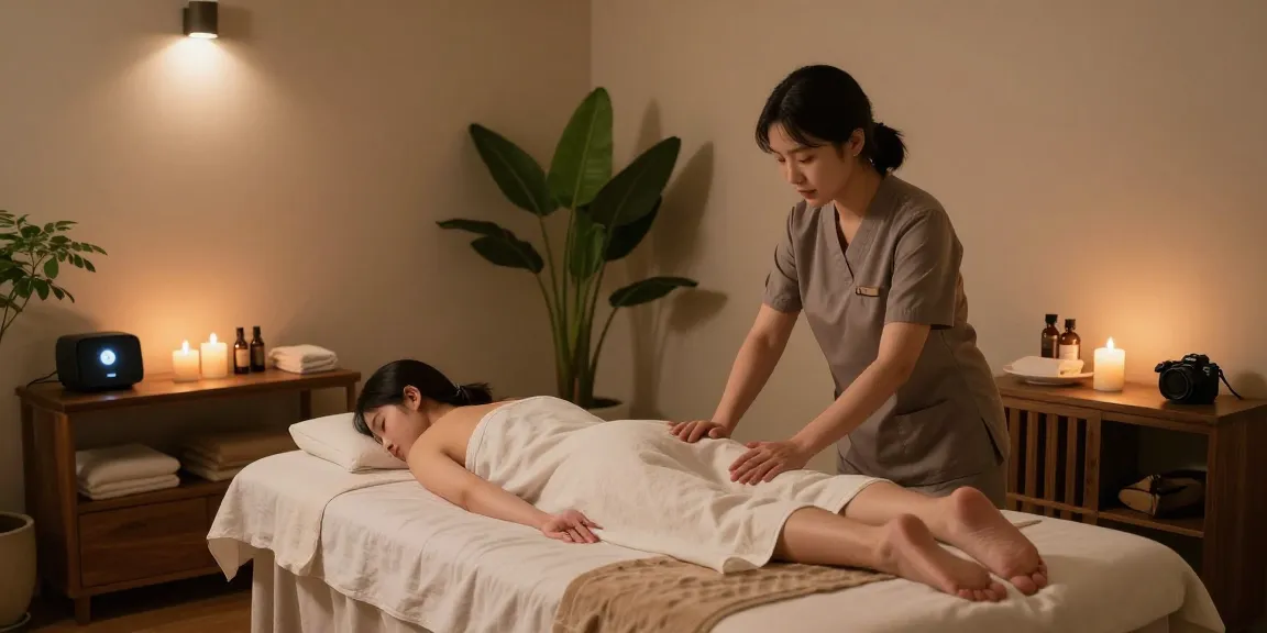 양천구출장마사지 in a serene spa setup with professional therapist and calming atmosphere.