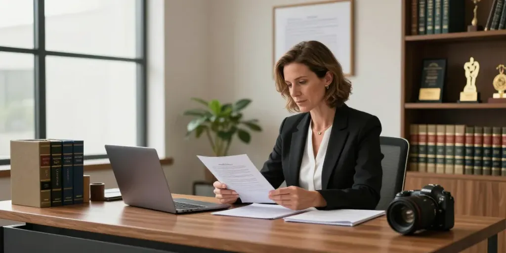 Karen McCleave attorney reviewing important legal documents in her law office.