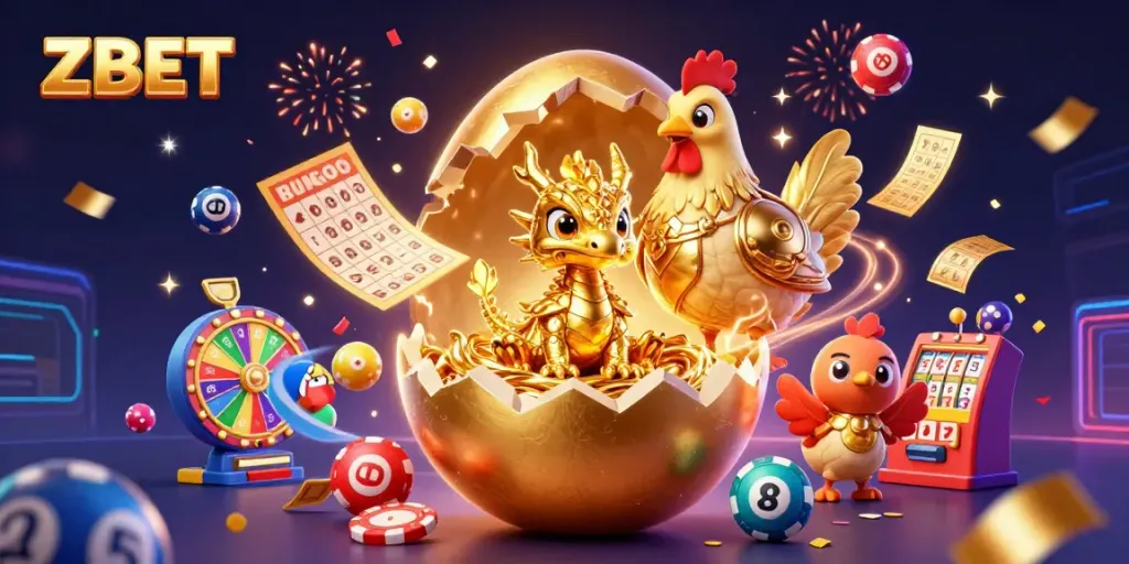 Engage with ZBET's thrilling atmosphere featuring a golden baby dragon, poker chips, and lottery elements.