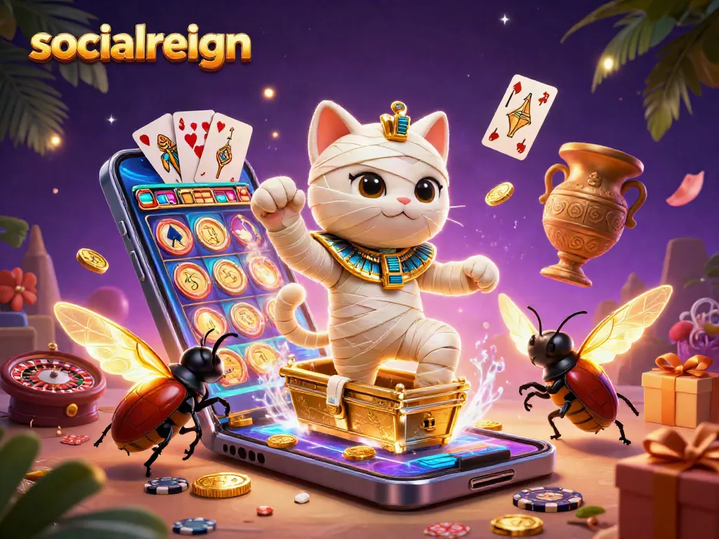 Experience socialreign's vibrant casino world with an Egyptian mummy cat and golden gaming treasures.