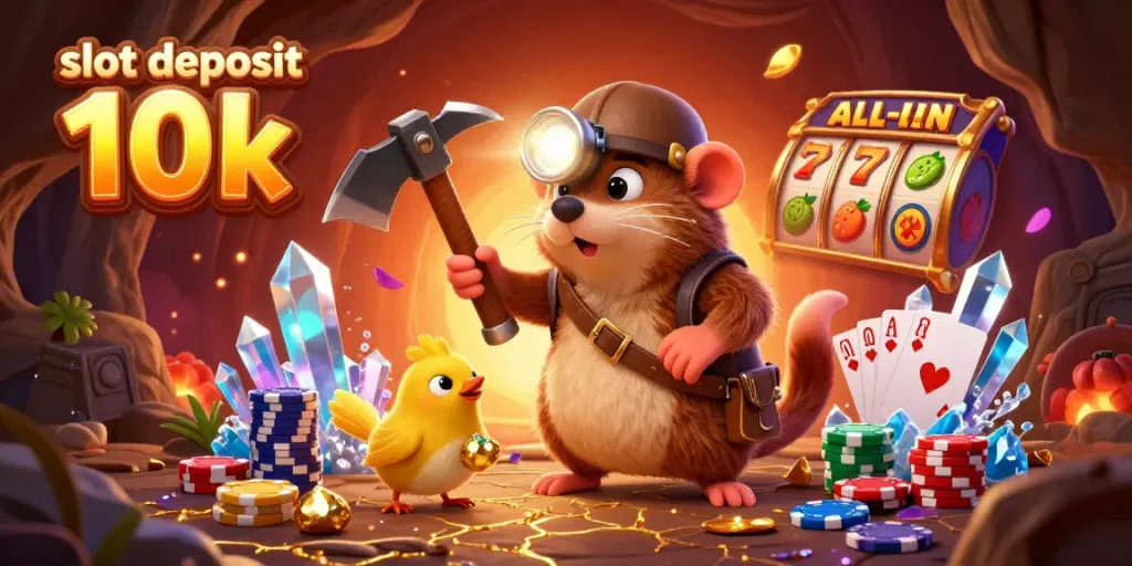 Experience the excitement of slot deposit 10k in a vibrant 3D scene showcasing a treasure hunter with rich casino elements.