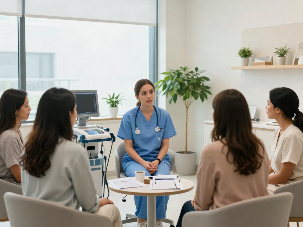 Empathetic consultation for breast surgery in Abu Dhabi with diverse women and surgeon, highlighting advanced care.