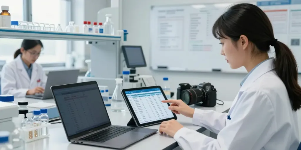 Comparing peptide pricing at a modern lab with researchers analyzing data on tablets and laptops.