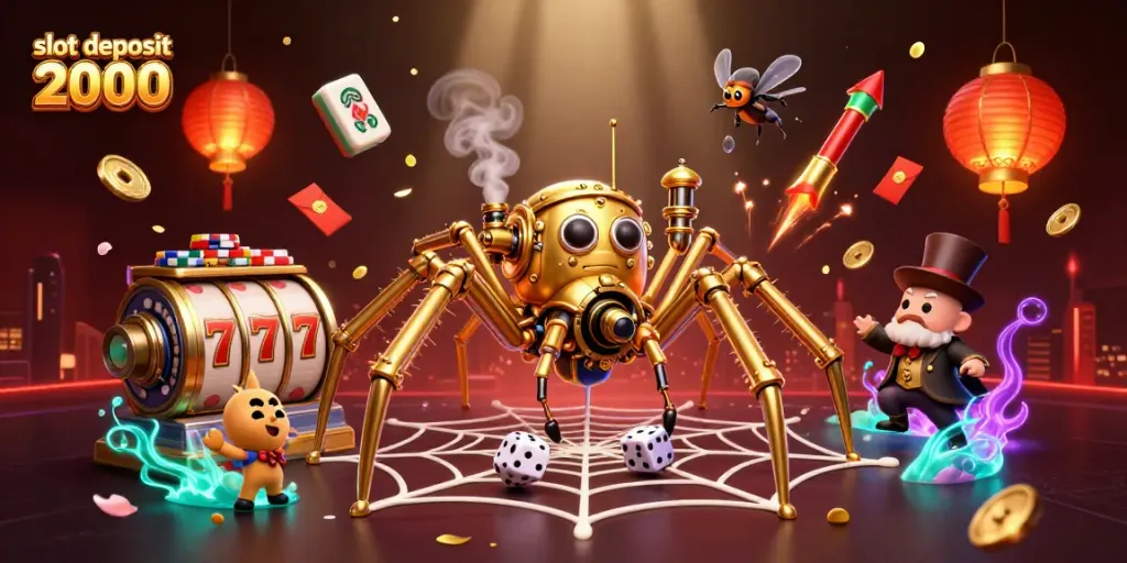 Engaging scene depicting slot deposit 2000 with a steampunk spider and dynamic casino elements.