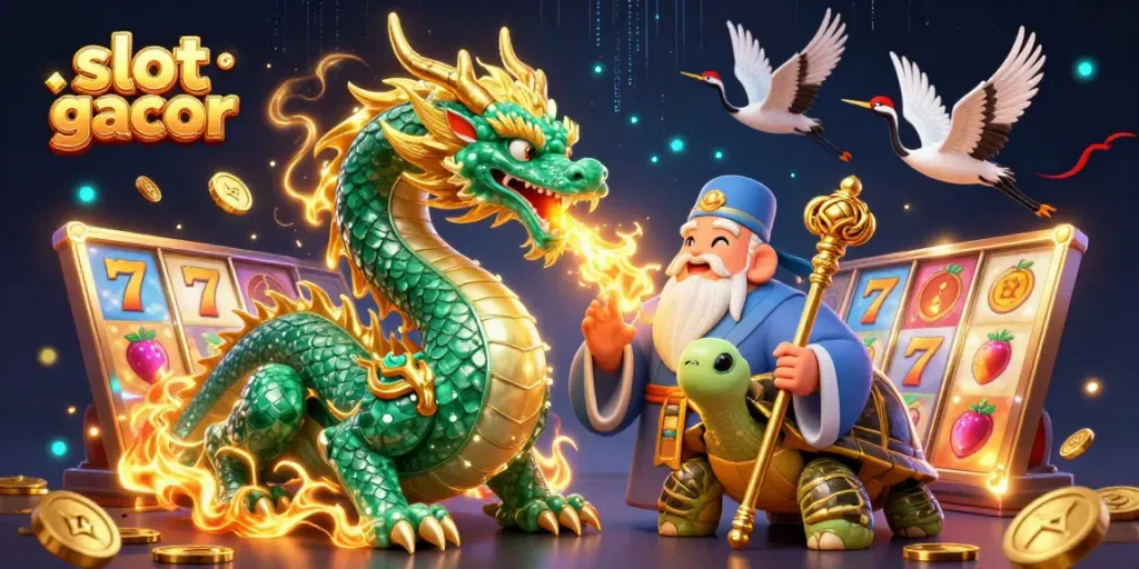 Engaging slot gacor illustration featuring vibrant dragons, turtles, and lucky cranes with casino symbols.