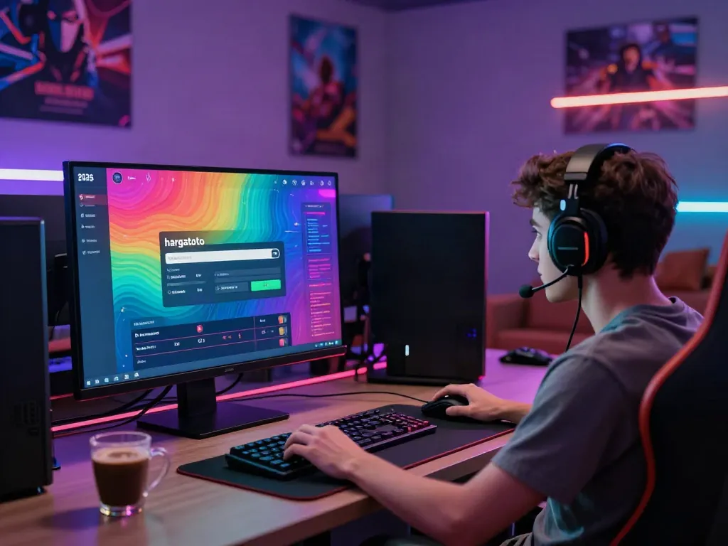 Engaging scene of hargatoto login interface on a modern gaming desk with vibrant colors and user-friendly features.