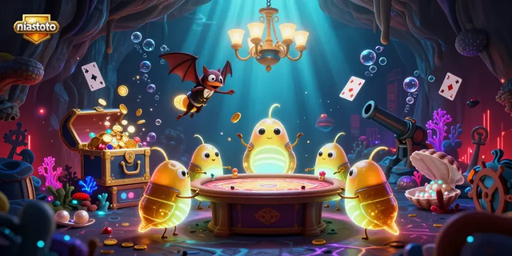 Experience the fun of niastoto with glowing worm characters lighting up a vibrant casino scene.
