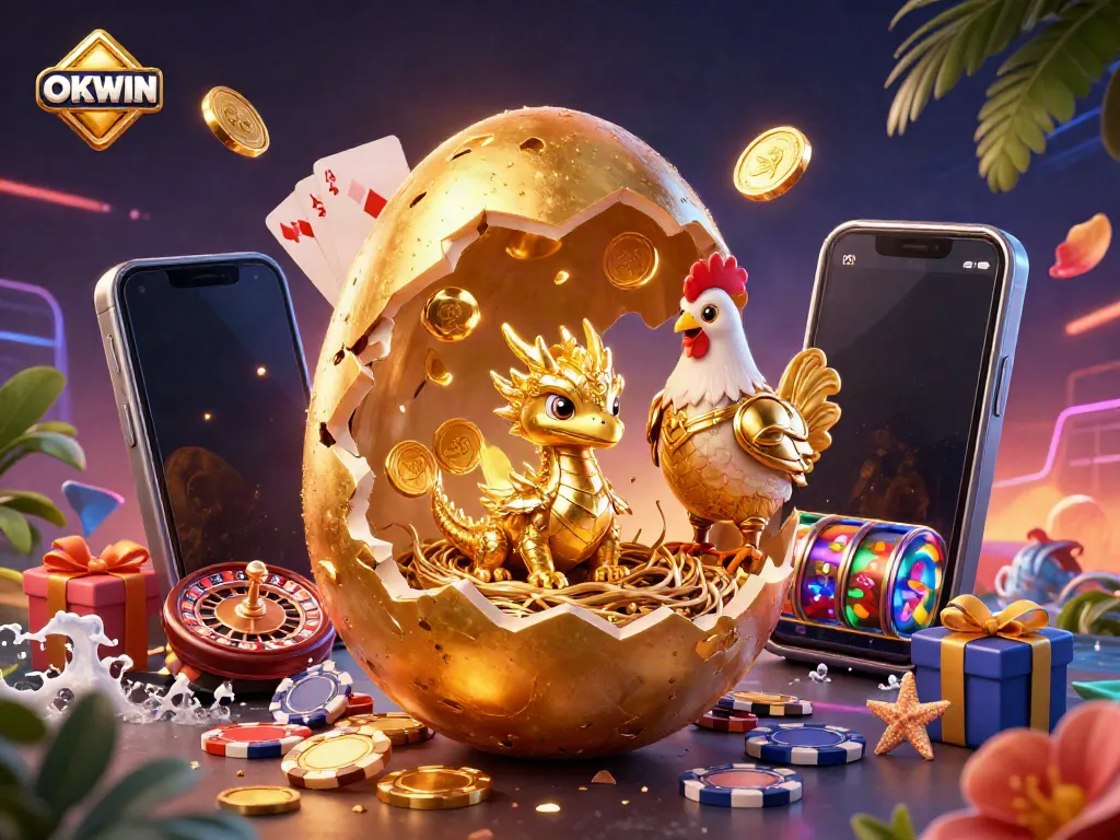 Experience the thrill of gambling with OKWIN's vibrant 3D illustration featuring a golden dragon and poker chips.