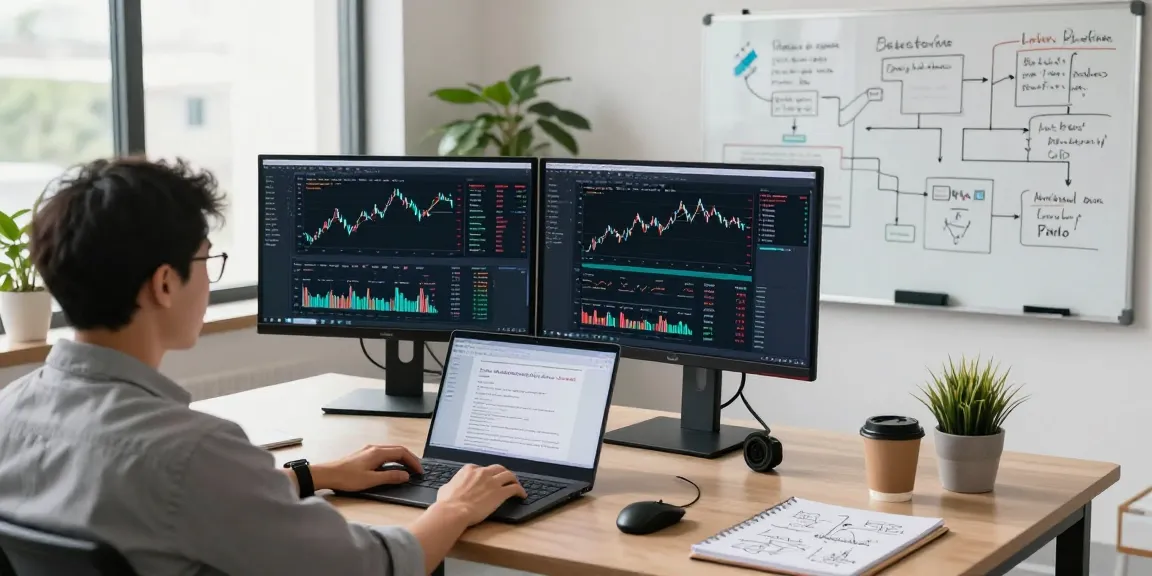 Real-time analysis of index backtesting data in a professional tech workspace with dual monitors.