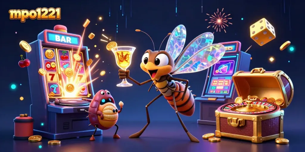 Experience the thrilling world of mpo1221 with a lively 3D casino mascot and vibrant game elements.