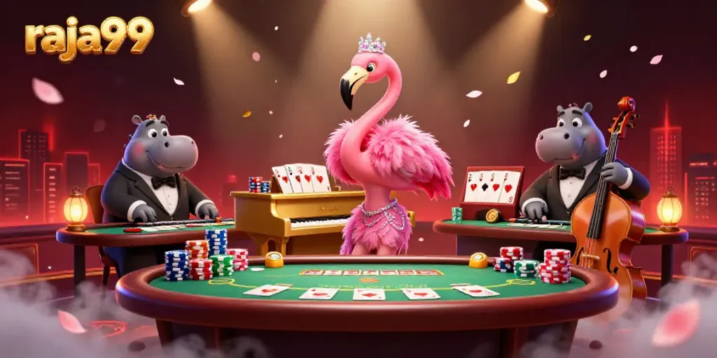 Showcasing a lively casino atmosphere, this vibrant raja99 illustration features a flamingo singer and a hippo bassist amid poker elements.