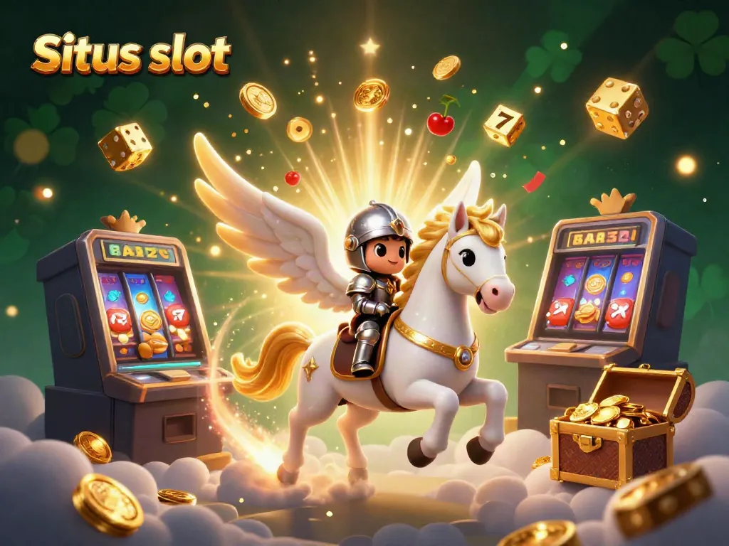 Exciting situs slot scene featuring a magical white horse, knight, and exploding slot machine with coins and symbols.